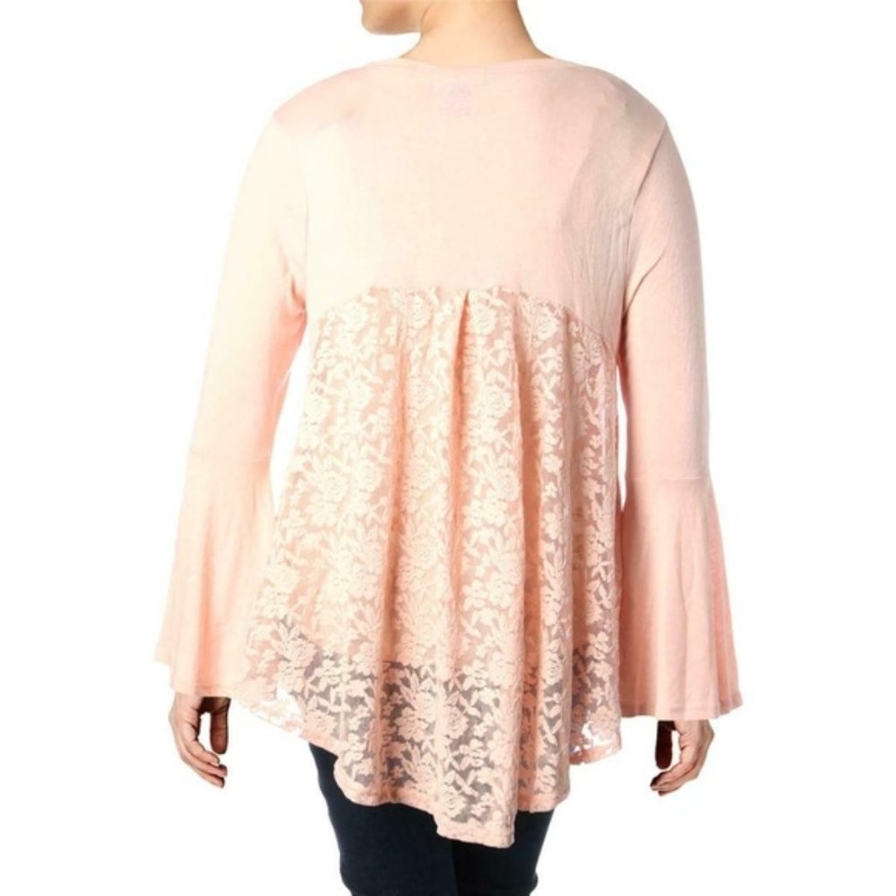 Pink Bell Sleeves Lace Back Pullover Blouse XL